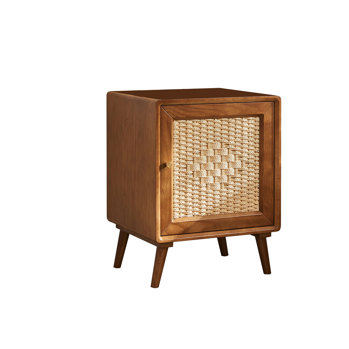 Traditional Rustic Square Ash Wood Solid Wood Plywood Rope Weaving Nightstand 2-Cabinet For Bedroom