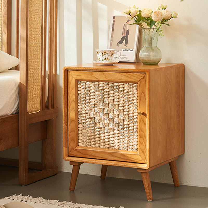 Traditional Rustic Square Ash Wood Solid Wood Plywood Rope Weaving Nightstand 2-Cabinet For Bedroom