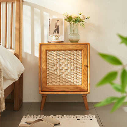 Traditional Rustic Square Ash Wood Solid Wood Plywood Rope Weaving Nightstand 2-Cabinet For Bedroom