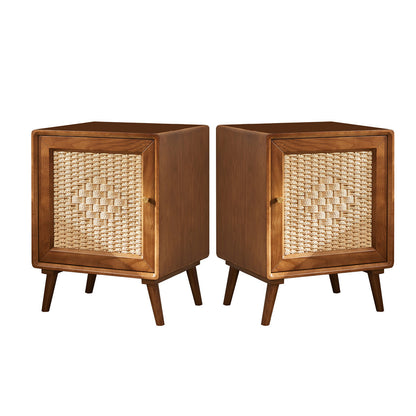 Traditional Rustic Square Ash Wood Solid Wood Plywood Rope Weaving Nightstand 2-Cabinet For Bedroom