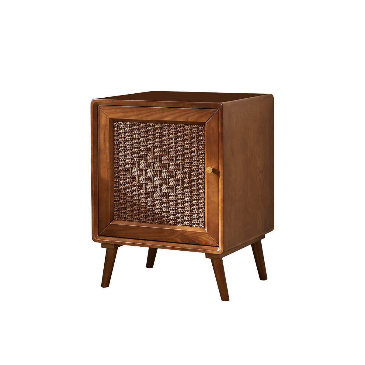 Traditional Rustic Square Ash Wood Solid Wood Plywood Rope Weaving Nightstand 2-Cabinet For Bedroom