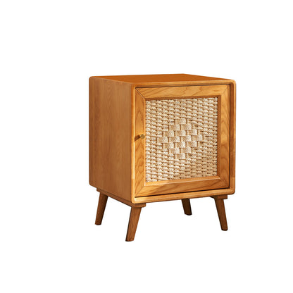 Traditional Rustic Square Ash Wood Solid Wood Plywood Rope Weaving Nightstand 2-Cabinet For Bedroom