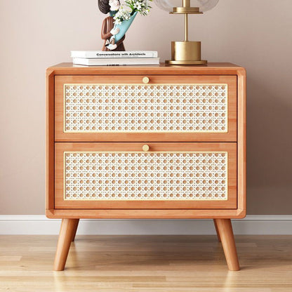 Traditional Rustic Rectangular Rubberwood Pine Wood Plywood Metal Rattan Weaving Nightstand 2-Drawer For Bedroom