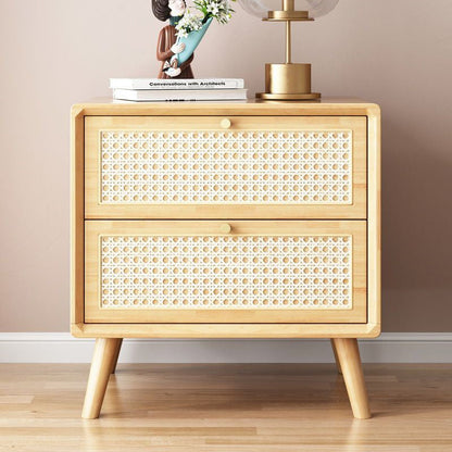 Traditional Rustic Rectangular Rubberwood Pine Wood Plywood Metal Rattan Weaving Nightstand 2-Drawer For Bedroom