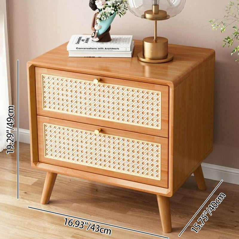 Traditional Rustic Rectangular Rubberwood Pine Wood Plywood Metal Rattan Weaving Nightstand 2-Drawer For Bedroom