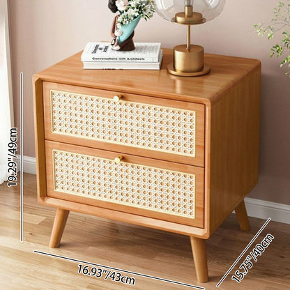 Traditional Rustic Rectangular Rubberwood Pine Wood Plywood Metal Rattan Weaving Nightstand 2-Drawer For Bedroom