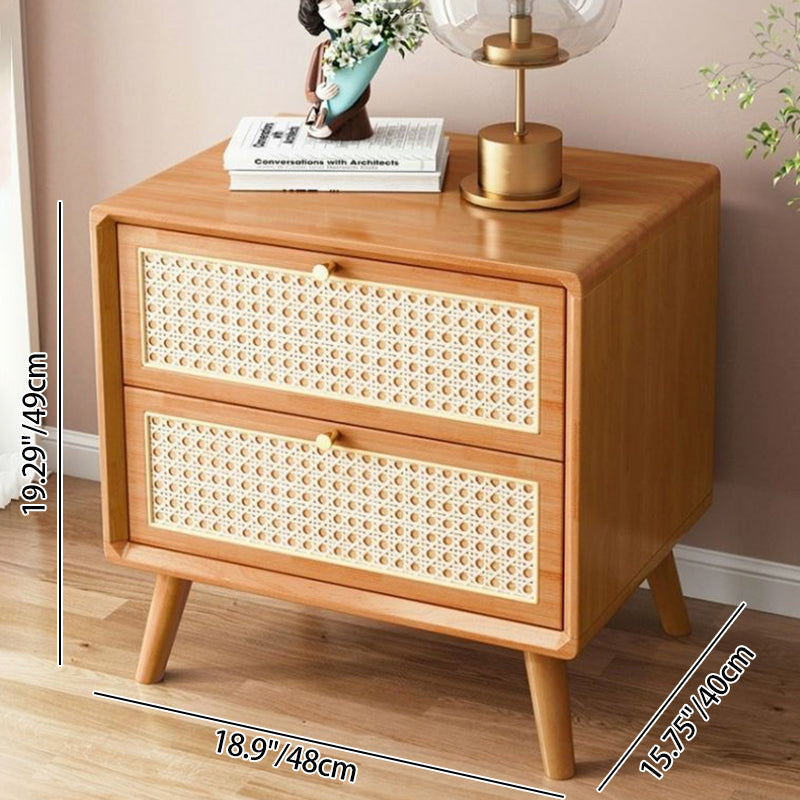 Traditional Rustic Rectangular Rubberwood Pine Wood Plywood Metal Rattan Weaving Nightstand 2-Drawer For Bedroom