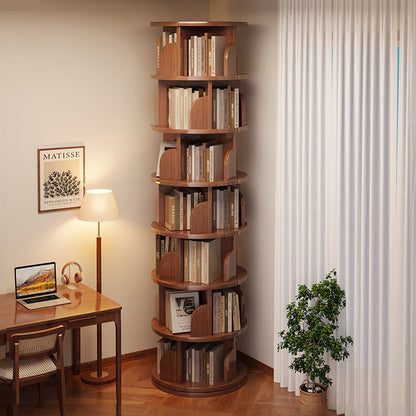 Modern Minimalist Cylindrical Bamboo Metal & MDF Rotatable Floor-Standing Bookshelf 3/4/5/6/7-Tier For Study