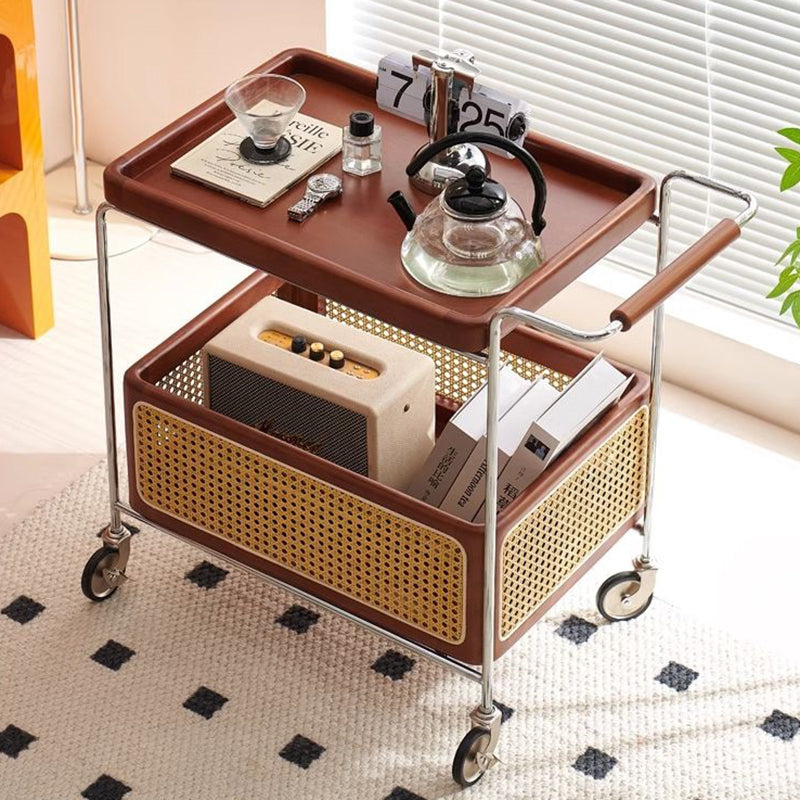 Traditional Rustic Rectangular Rubberwood Plywood Stainless Steel Movable End Table 2-Tier For Living Room