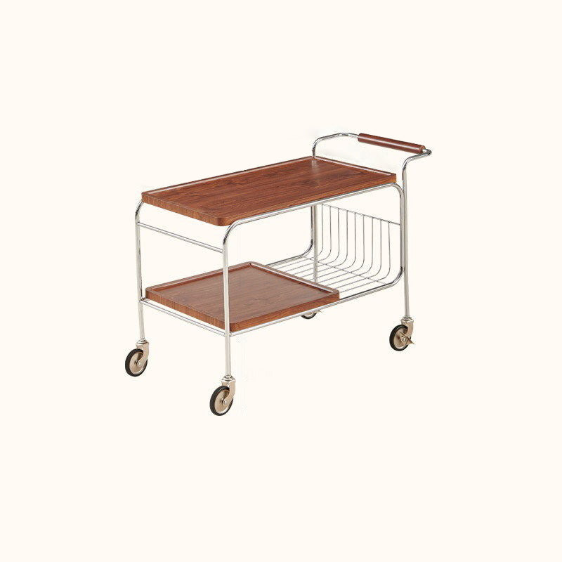 Traditional Rustic Rectangular Rubberwood Plywood Stainless Steel Movable End Table 2-Tier For Living Room