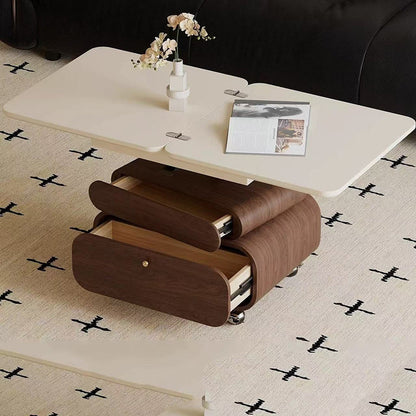 Traditional Vintage Foldable Rectangular Plywood Metal Movable Rotatable Coffee Table 2-Drawer For Bedroom