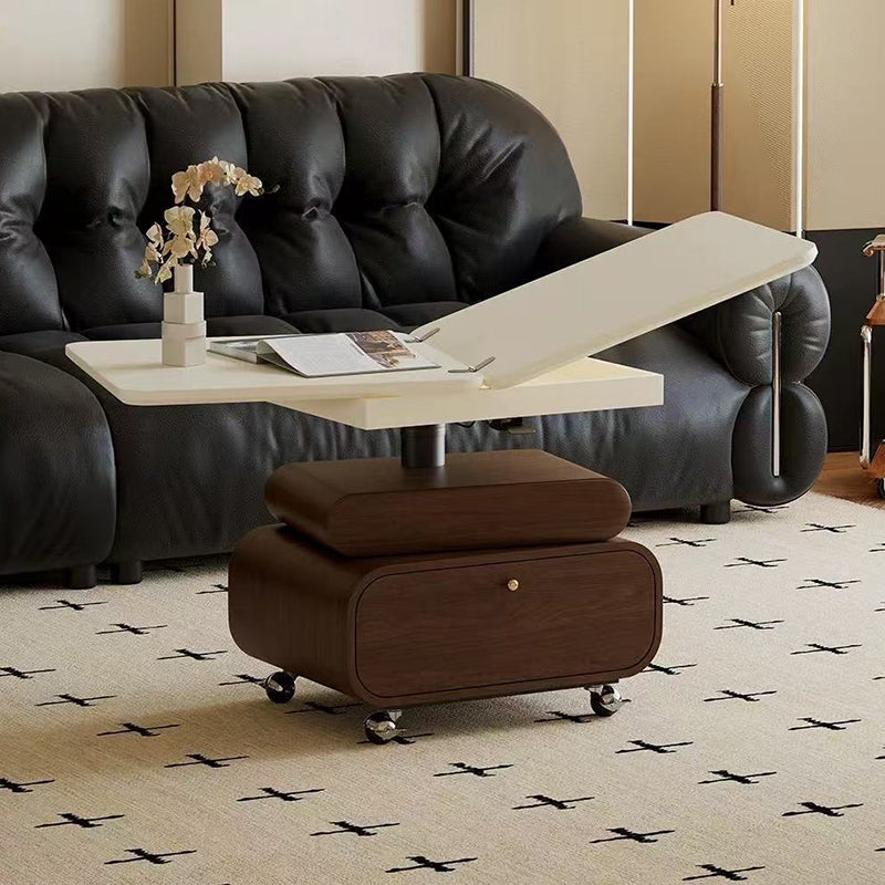 Traditional Vintage Foldable Rectangular Plywood Metal Movable Rotatable Coffee Table 2-Drawer For Bedroom