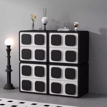 Modern Minimalist Square Plywood Solid Wood Faux Leather Metal Nightstand 2-Drawer For Bedroom