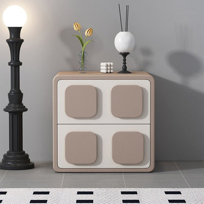 Modern Minimalist Square Plywood Solid Wood Faux Leather Metal Nightstand 2-Drawer For Bedroom