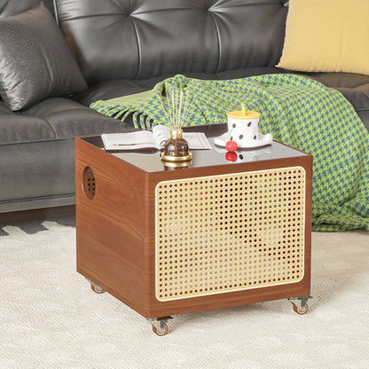 Modern Minimalist Square Pine Wood Glass Rattan Weaving Metal Pet Coffee Table 2-Tier For Living Room
