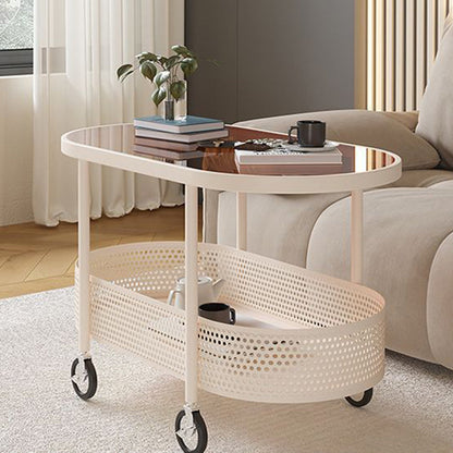Modern Minimalist Movable Oval Glass Iron Coffee Table 2-Tier For Living Room