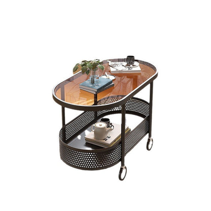 Modern Minimalist Movable Oval Glass Iron Coffee Table 2-Tier For Living Room
