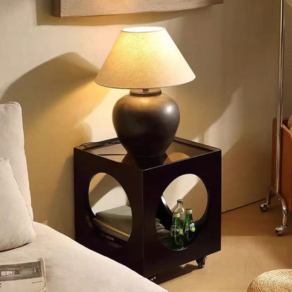 Traditional Vintage Hollowed-Out Square Plywood Glass Rattan Weaving Movable Coffee Table 2-Tier For Living Room