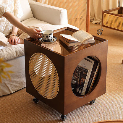 Traditional Vintage Hollowed-Out Square Plywood Glass Rattan Weaving Movable Coffee Table 2-Tier For Living Room