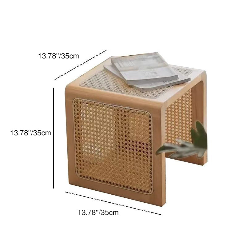 Traditional Rustic U-Shape Plywood Faux Rattan Weaving End Table 2-Tier For Living Room