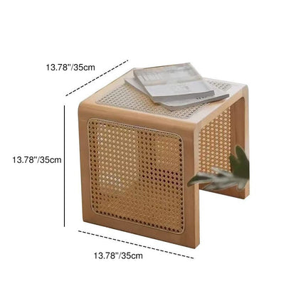 Traditional Rustic U-Shape Plywood Faux Rattan Weaving End Table 2-Tier For Living Room