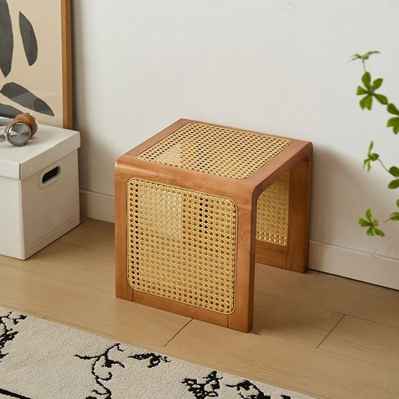 Traditional Rustic U-Shape Plywood Faux Rattan Weaving End Table 2-Tier For Living Room