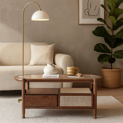 Traditional Rustic Oval Solid Wood Glass Rattan Weaving Coffee Table 4-Drawer For Living Room