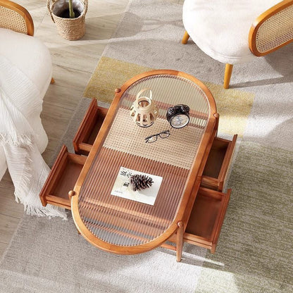 Traditional Rustic Oval Solid Wood Glass Rattan Weaving Coffee Table 4-Drawer For Living Room