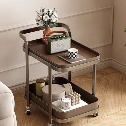 Contemporary Luxury Movable Rectangular Carbon Steel Faux Saddle Leather End Table 2-Tier For Living Room