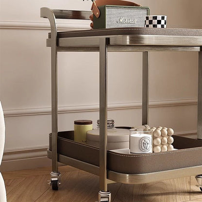 Contemporary Luxury Movable Rectangular Carbon Steel Faux Saddle Leather End Table 2-Tier For Living Room