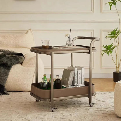 Contemporary Luxury Movable Rectangular Carbon Steel Faux Saddle Leather End Table 2-Tier For Living Room
