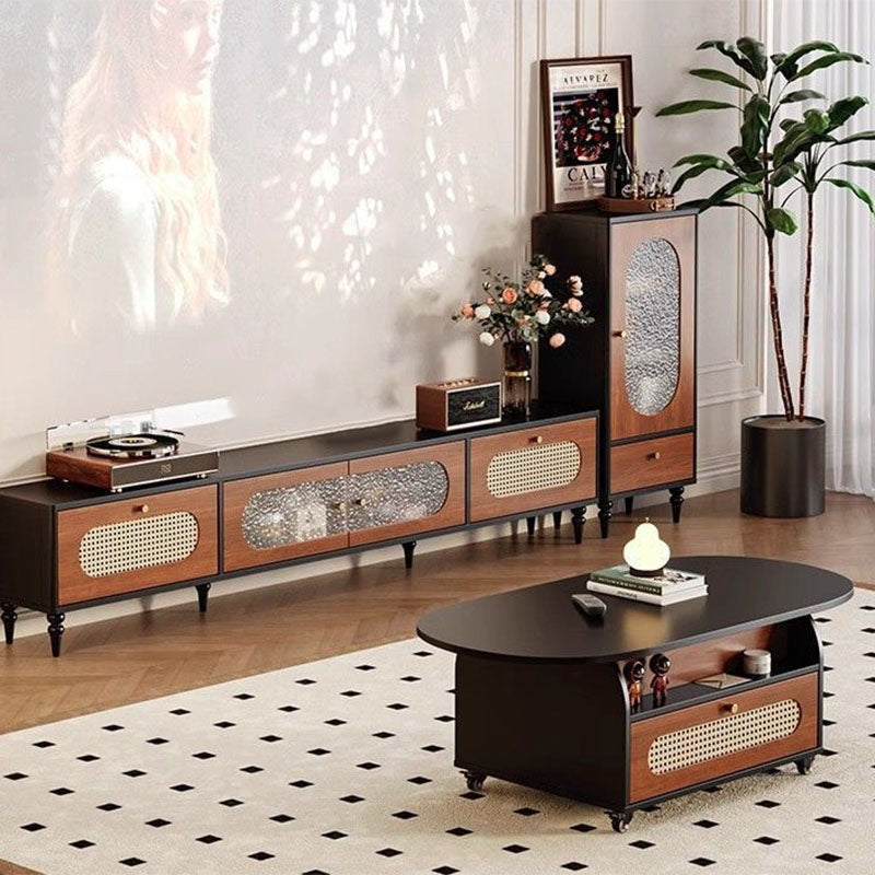 Traditional Vintage Liftable Oval Plywood Carbon Steel Metal Glass Plastic Rattan Weaving Movable Coffee Table 1-Drawer For Living Room