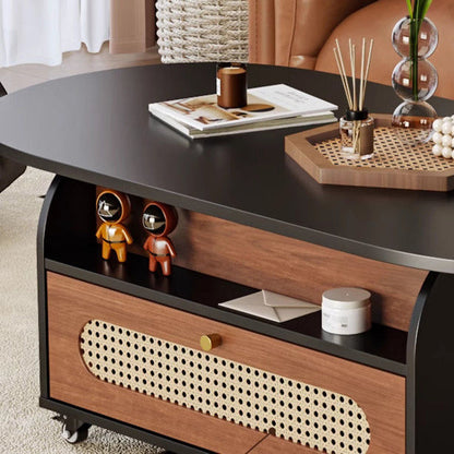 Traditional Vintage Liftable Oval Plywood Carbon Steel Metal Glass Plastic Rattan Weaving Movable Coffee Table 1-Drawer For Living Room