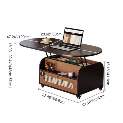 Traditional Vintage Liftable Oval Plywood Carbon Steel Metal Glass Plastic Rattan Weaving Movable Coffee Table 1-Drawer For Living Room