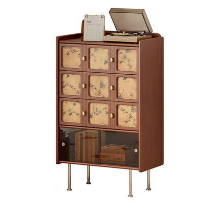 Traditional Chinese Large Capacity Rectangular Pine Wood Boxwood Xiangyun Gauze Stainless Steel Metal Glass Storage Cabinet 3-Drawer For Living Room