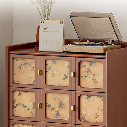 Traditional Chinese Large Capacity Rectangular Pine Wood Boxwood Xiangyun Gauze Stainless Steel Metal Glass Storage Cabinet 3-Drawer For Living Room