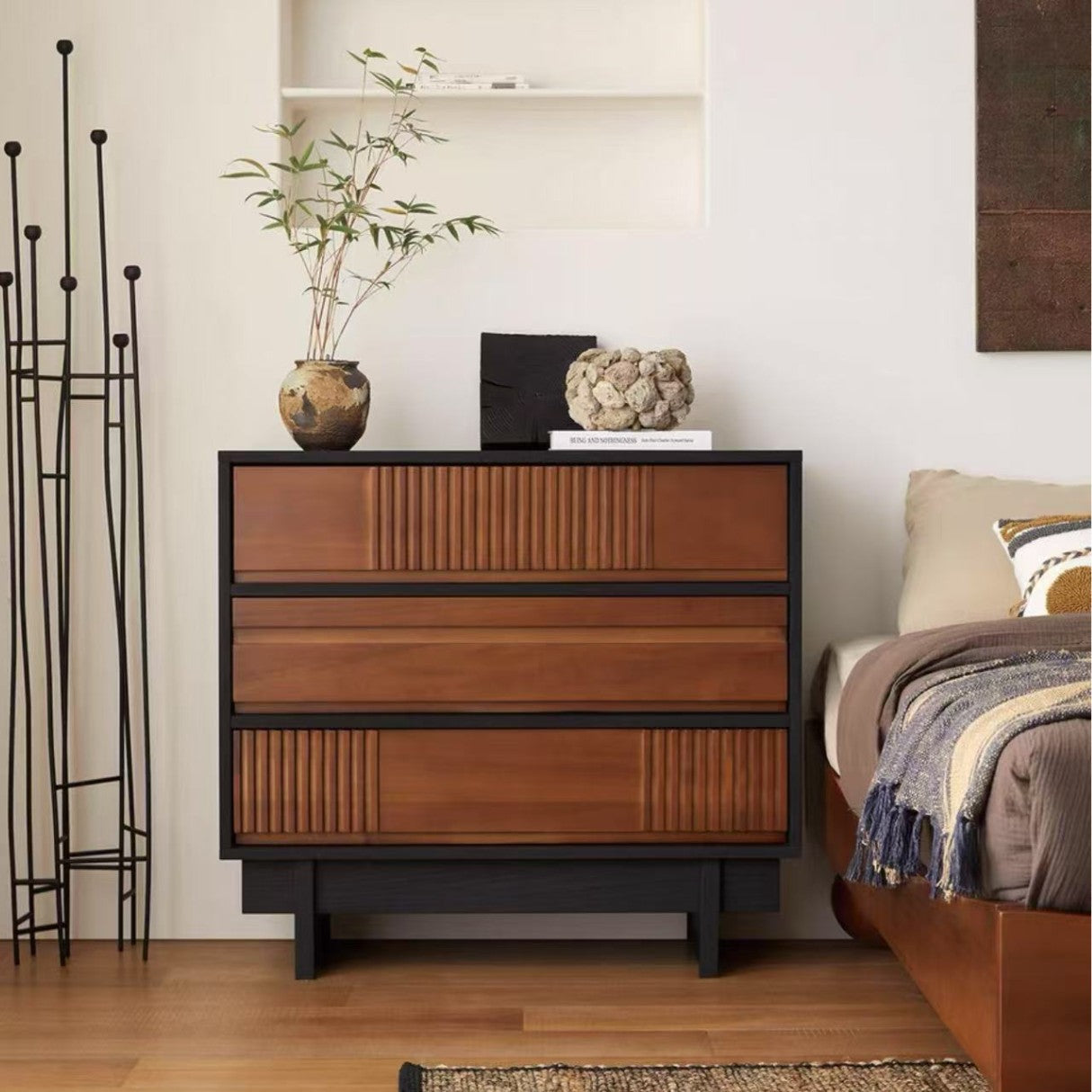 Traditional Vintage Rectangular Solid Wood Rubberwood & Solid Wood Multi-Layer Board Storage Cabinet 3-Cabinet For Bedroom