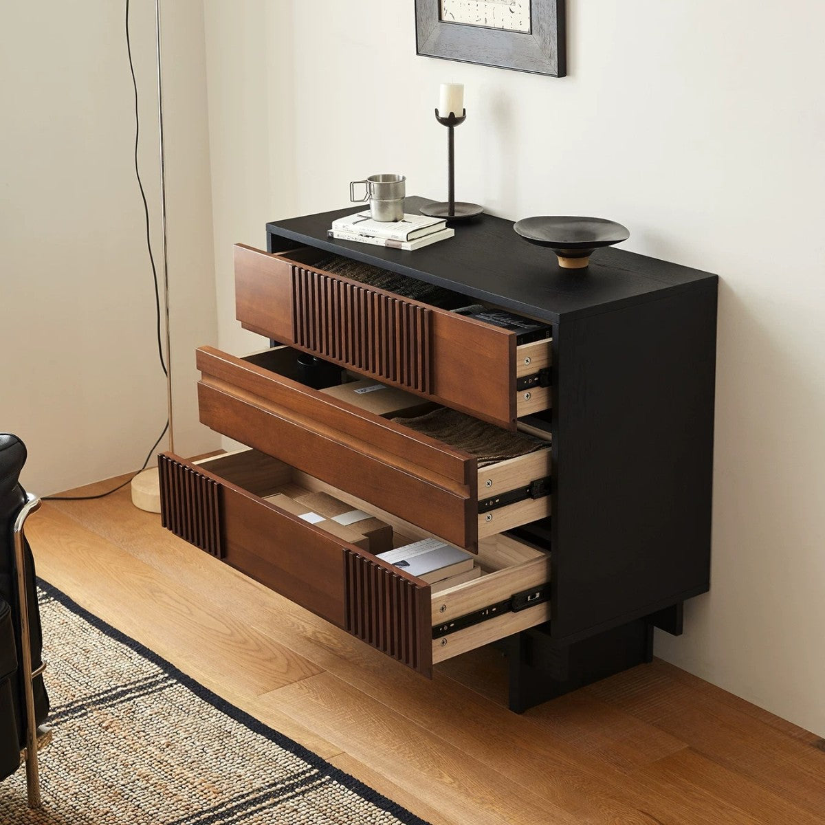 Traditional Vintage Rectangular Solid Wood Rubberwood & Solid Wood Multi-Layer Board Storage Cabinet 3-Cabinet For Bedroom