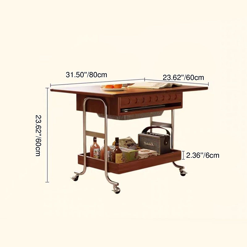 Traditional Vintage Movable Rectangular Plywood Rubberwood Stainless Steel Foldable End Table 2-Tier For Living Room