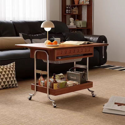 Traditional Vintage Movable Rectangular Plywood Rubberwood Stainless Steel Foldable End Table 2-Tier For Living Room