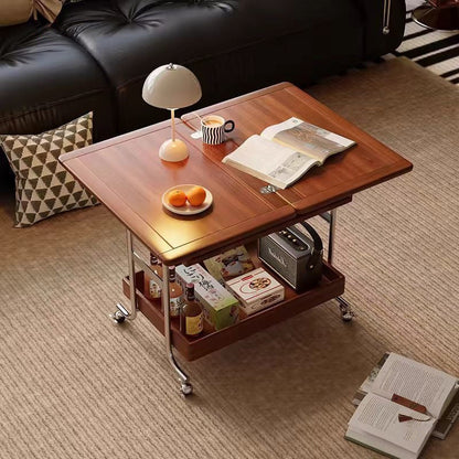 Traditional Vintage Movable Rectangular Plywood Rubberwood Stainless Steel Foldable End Table 2-Tier For Living Room