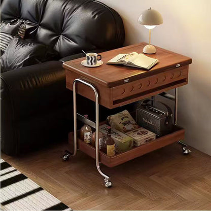 Traditional Vintage Movable Rectangular Plywood Rubberwood Stainless Steel Foldable End Table 2-Tier For Living Room