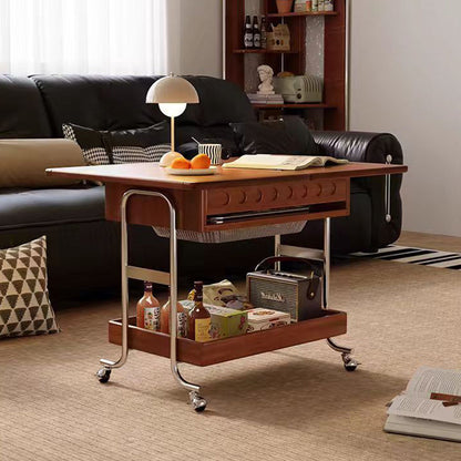 Traditional Vintage Movable Rectangular Plywood Rubberwood Stainless Steel Foldable End Table 2-Tier For Living Room