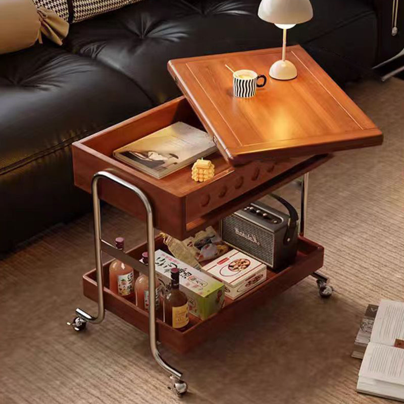 Traditional Vintage Movable Rectangular Plywood Rubberwood Stainless Steel Foldable End Table 2-Tier For Living Room
