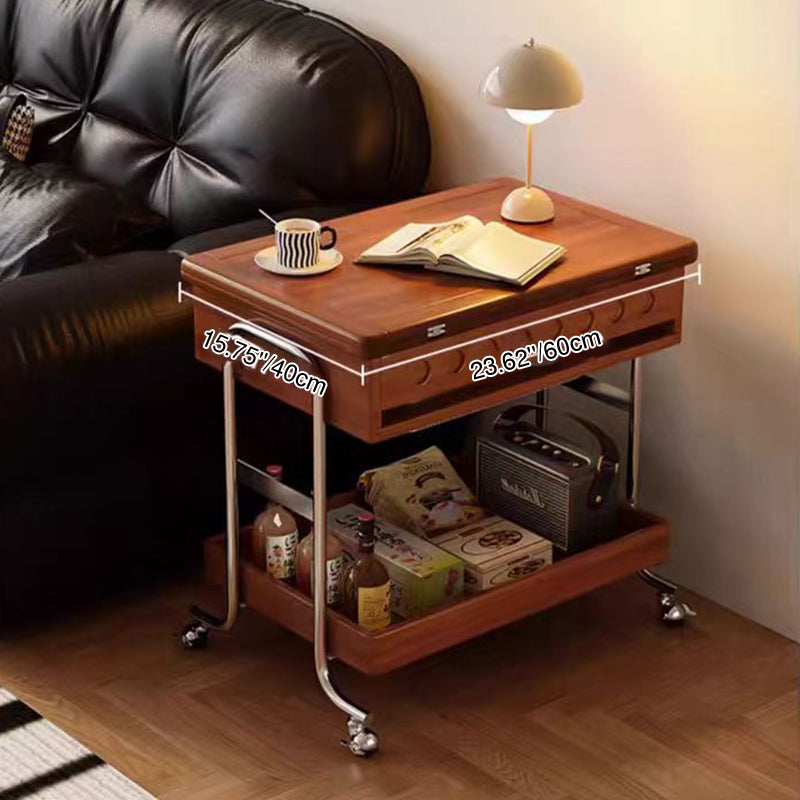 Traditional Vintage Movable Rectangular Plywood Rubberwood Stainless Steel Foldable End Table 2-Tier For Living Room