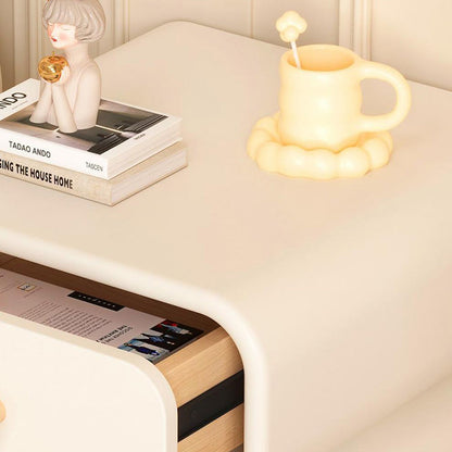 Contemporary Nordic Wavy Rectangular Solid Wood Multi-Layer Board Microfiber Leather Glass Nightstand 1-Drawer For Bedroom
