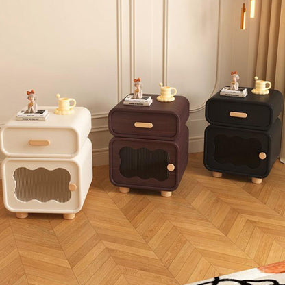 Contemporary Nordic Wavy Rectangular Solid Wood Multi-Layer Board Microfiber Leather Glass Nightstand 1-Drawer For Bedroom