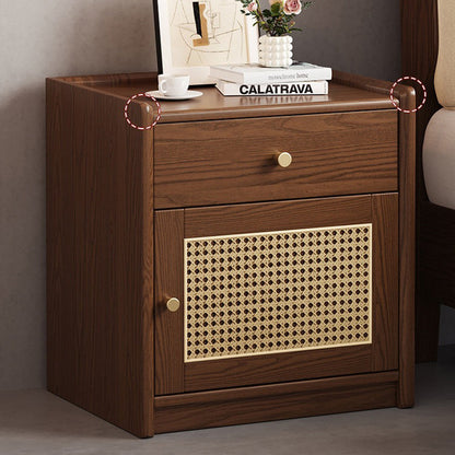 Modern Minimalist Square Rubberwood Plywood Steel Rattan Weaving Safe Deposit Box Nightstand 1-Drawer For Bedroom
