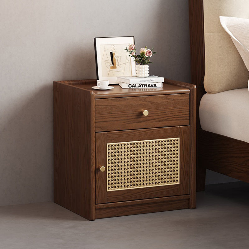 Modern Minimalist Square Rubberwood Plywood Steel Rattan Weaving Safe Deposit Box Nightstand 1-Drawer For Bedroom