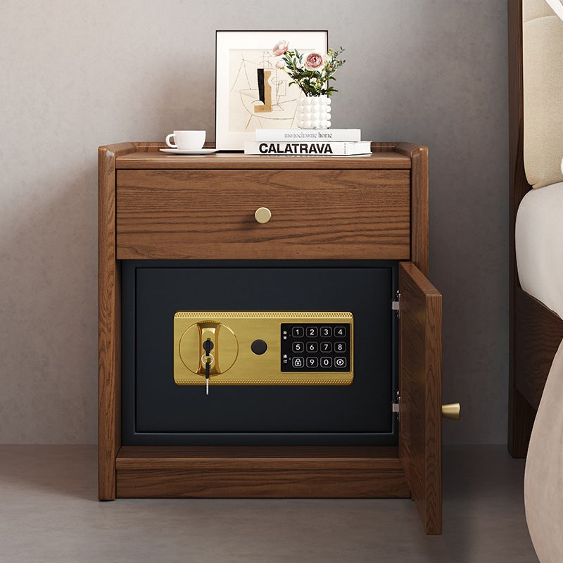 Modern Minimalist Square Rubberwood Plywood Steel Rattan Weaving Safe Deposit Box Nightstand 1-Drawer For Bedroom